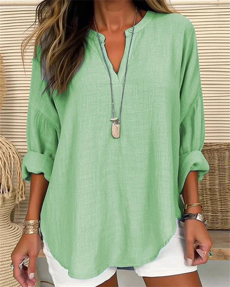 Chemise Femme Manches Longues En Coton Lin Coupe Décontractée Col Montant Élégante Pour Tous Les Jours Amawinc