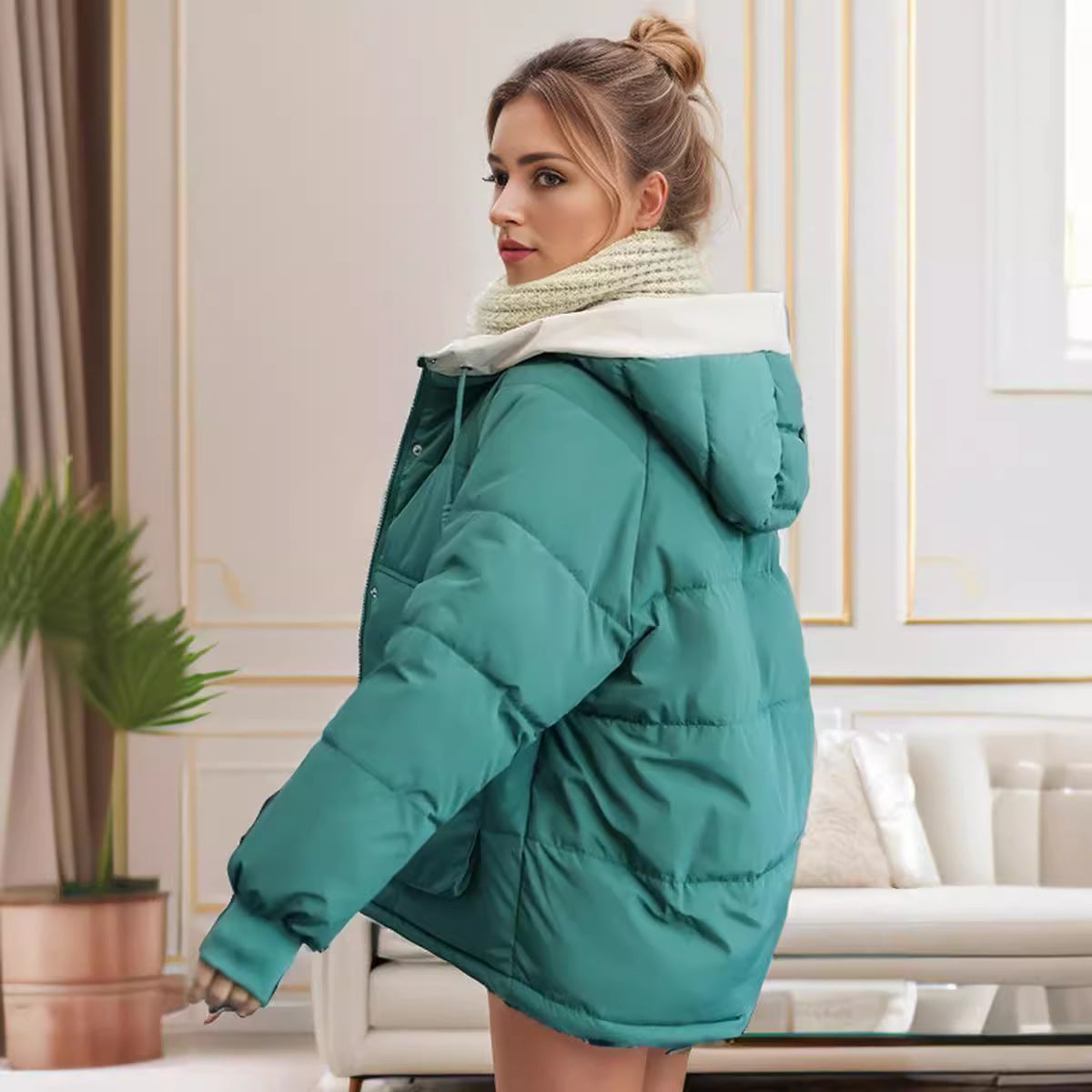 Damen modische Steppjacke mit abnehmbarer Kapuze und komfortabler Passform Amawinc