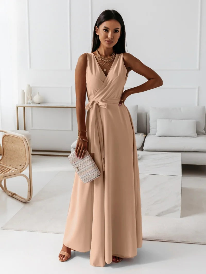 Robe Maxi Sans Manches Col En V Profond Avec Ceinture Wrap Élégante Et Fluide Pour Mariages Et Fêtes
