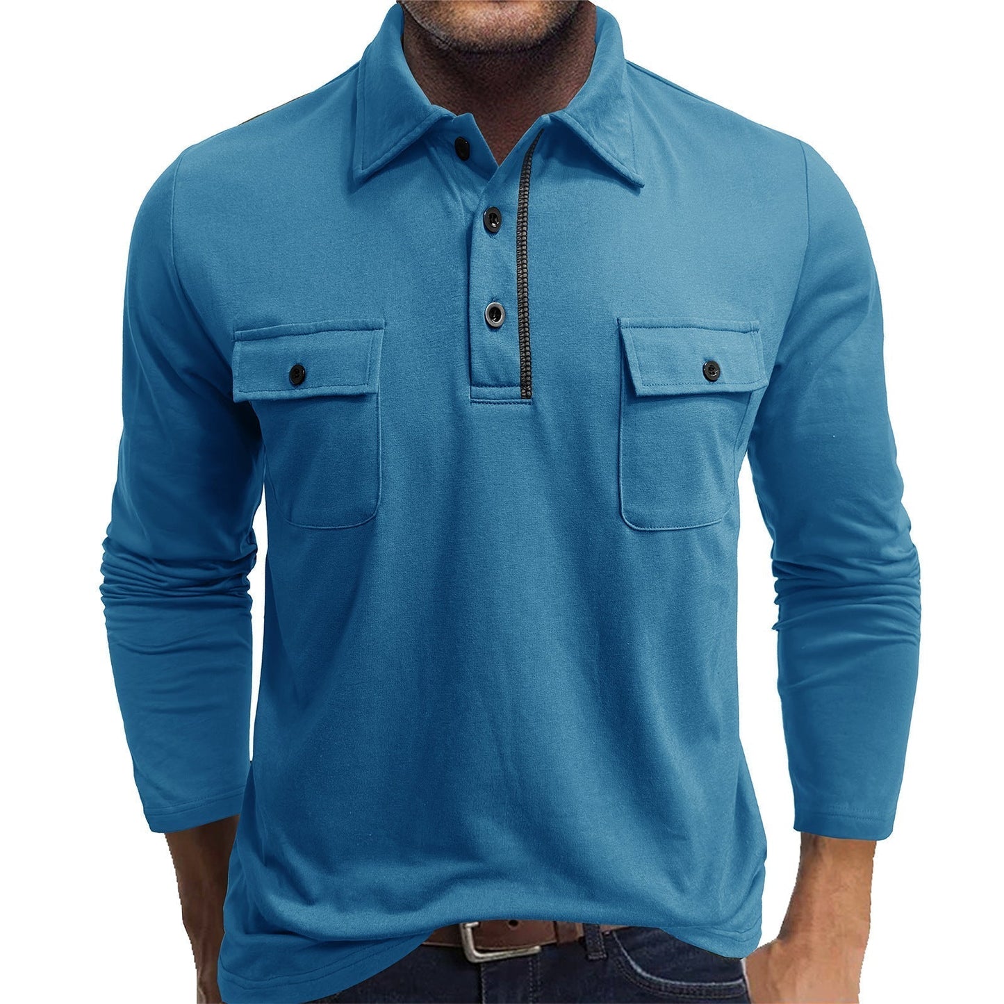 Polo Homme Manches Longues en Coton Mélangé Coupe Régulière avec Poches à Rabats sur la Poitrine Nordisk Flair