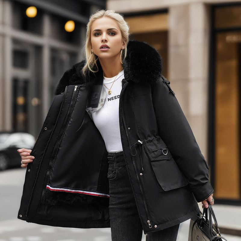 Damen warme Winterjacke mit abnehmbarem Pelzkragen Amawinc