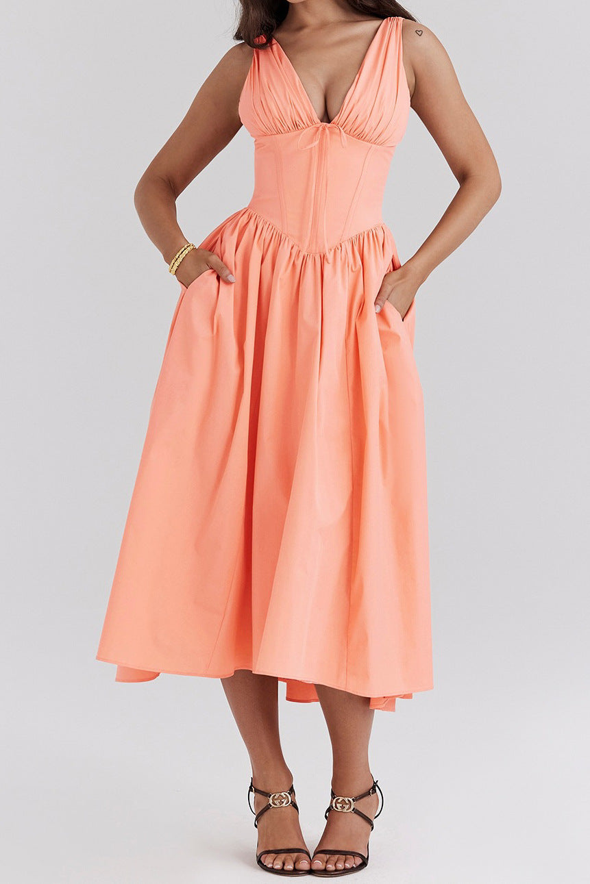 Amawinc Robe Femme Aline Sans Manches Décolleté En V Imprimé Floral Longueur Midi Chic Et Confortable Été