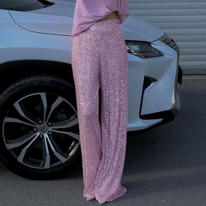 Pantalon Femme Coupe Droite Décontractée Design Complet De Sequins Pour Tenue De Soirée Longueur Totale