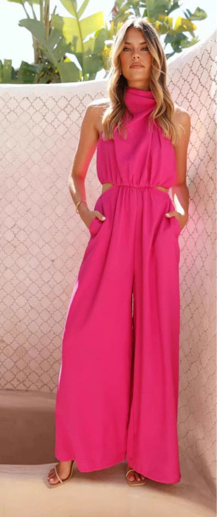Combinaison Femme Halterneck Coupe Décontractée À Jambes Larges Taille Ajustable Découpes Blanche