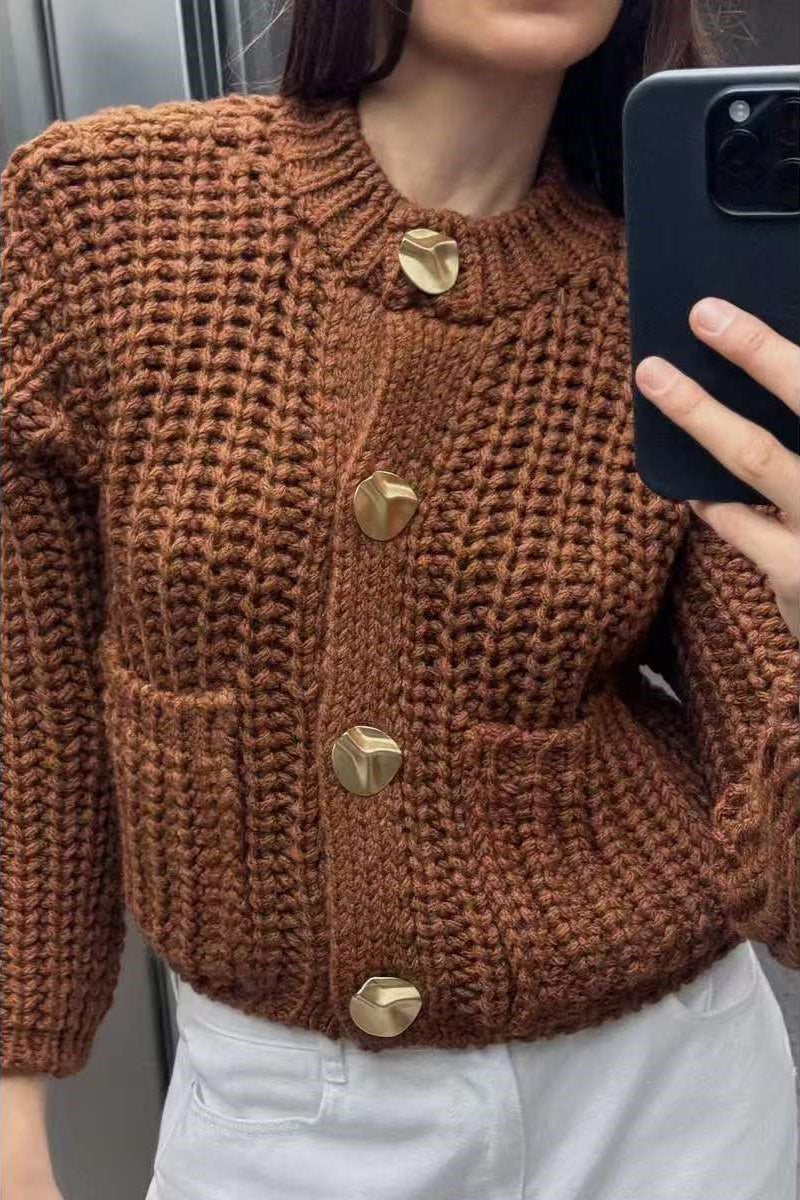 Damen kuschelige Strickjacke mit dekorativen Knöpfen und praktischen Taschen Amawinc