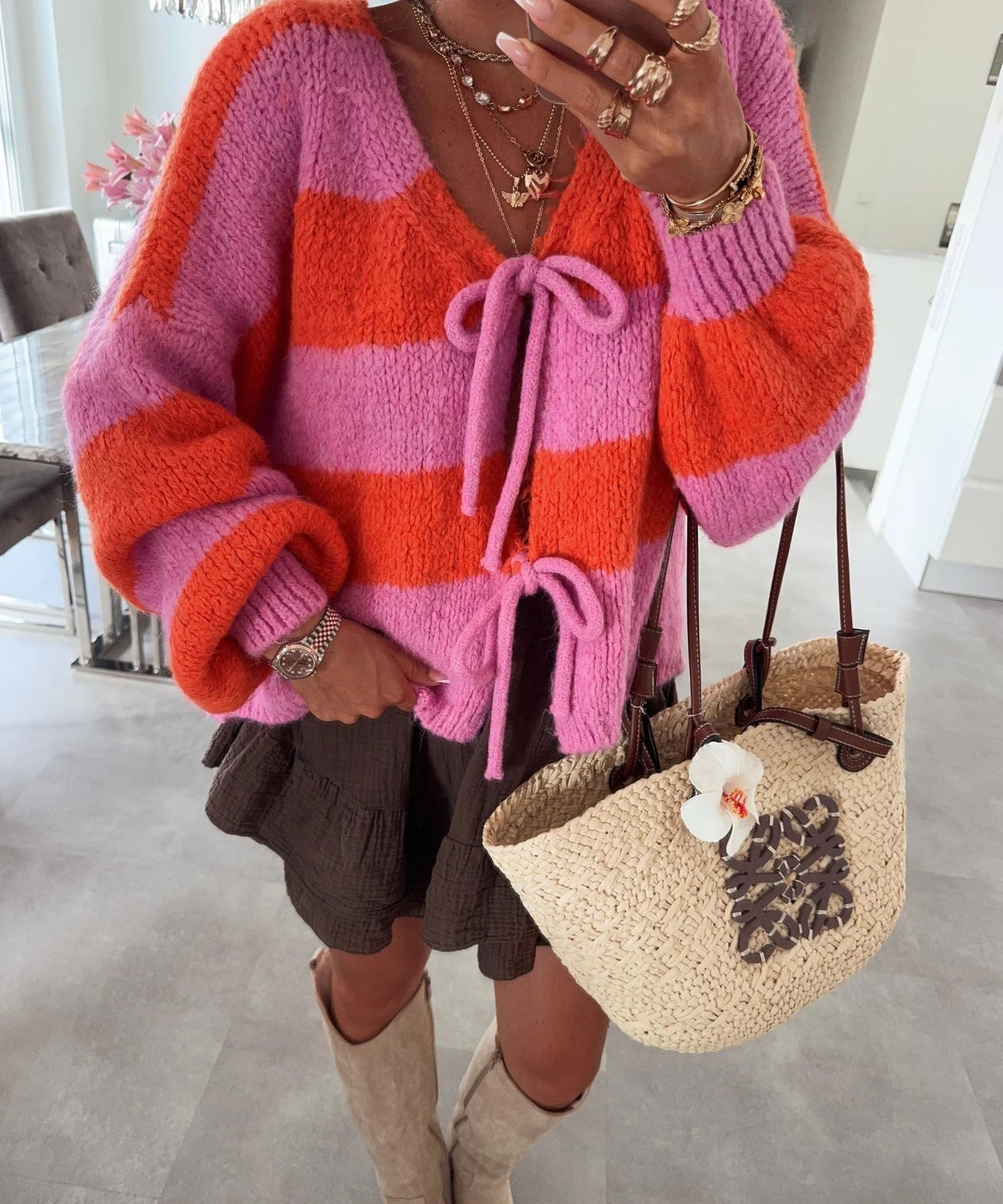 Damen lockere Strickjacke mit breiten Streifen und Bindegürtel Amawinc