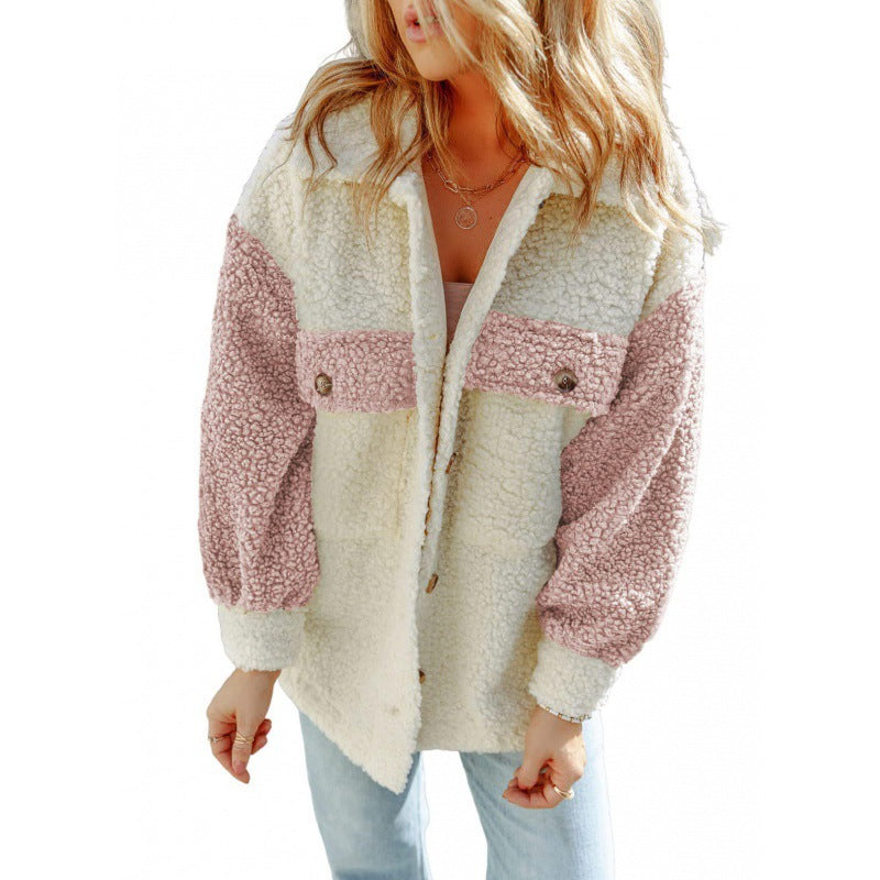 Damen kuschelige Teddyjacke mit praktischen Brusttaschen Amawinc