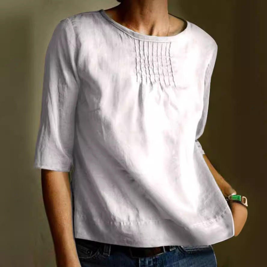 Blouse Femme En Mélange Coton Lin Coupe Ample Manches Trois Quarts Plis Devant Élégante