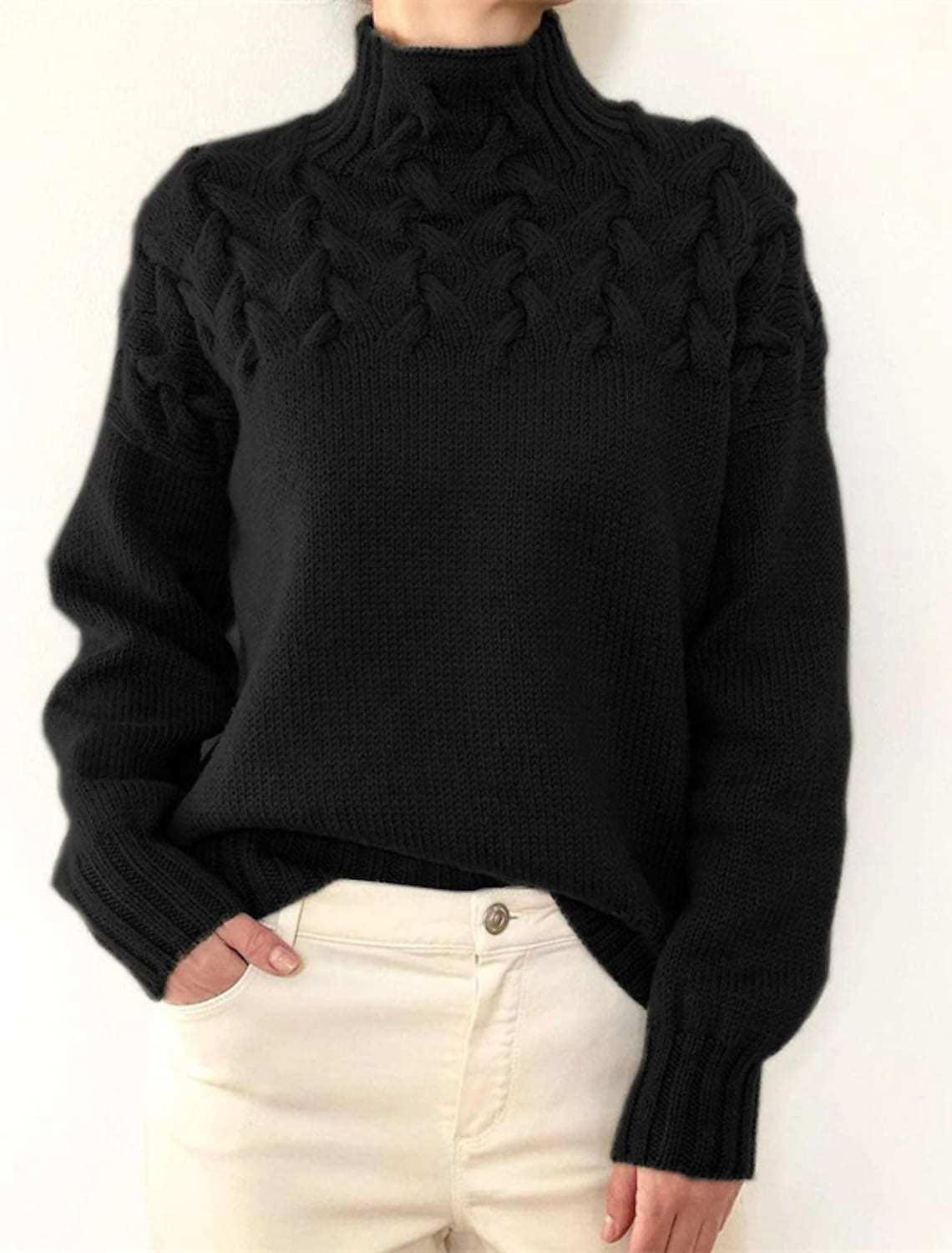 Damen Grobstrickpullover mit Stehkragen und Zopfmuster Amawinc