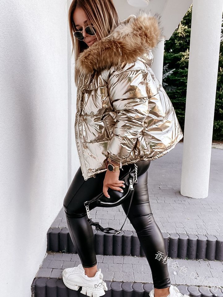 Damen Glänzende Winterjacke mit abnehmbarer Kapuze und Kunstfellkragen Amawinc