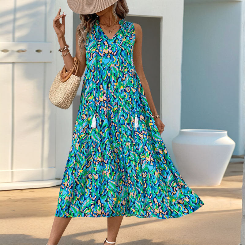 Robe Femme Sans Manches A Ligne Col V Midi Superposée En Coton Léger Pour Été Confortable Et Élégante