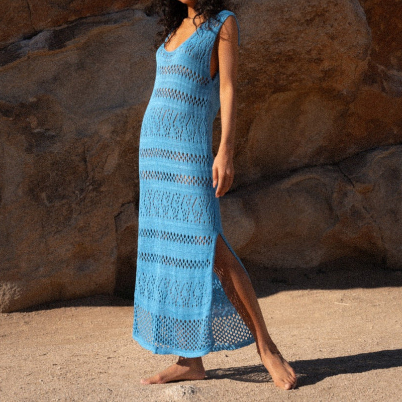 Robe Tricot Pour Femme Coupe Slim Sans Manches Maille Ouverte Avec Fente Latérale Nordic Flair Amawinc