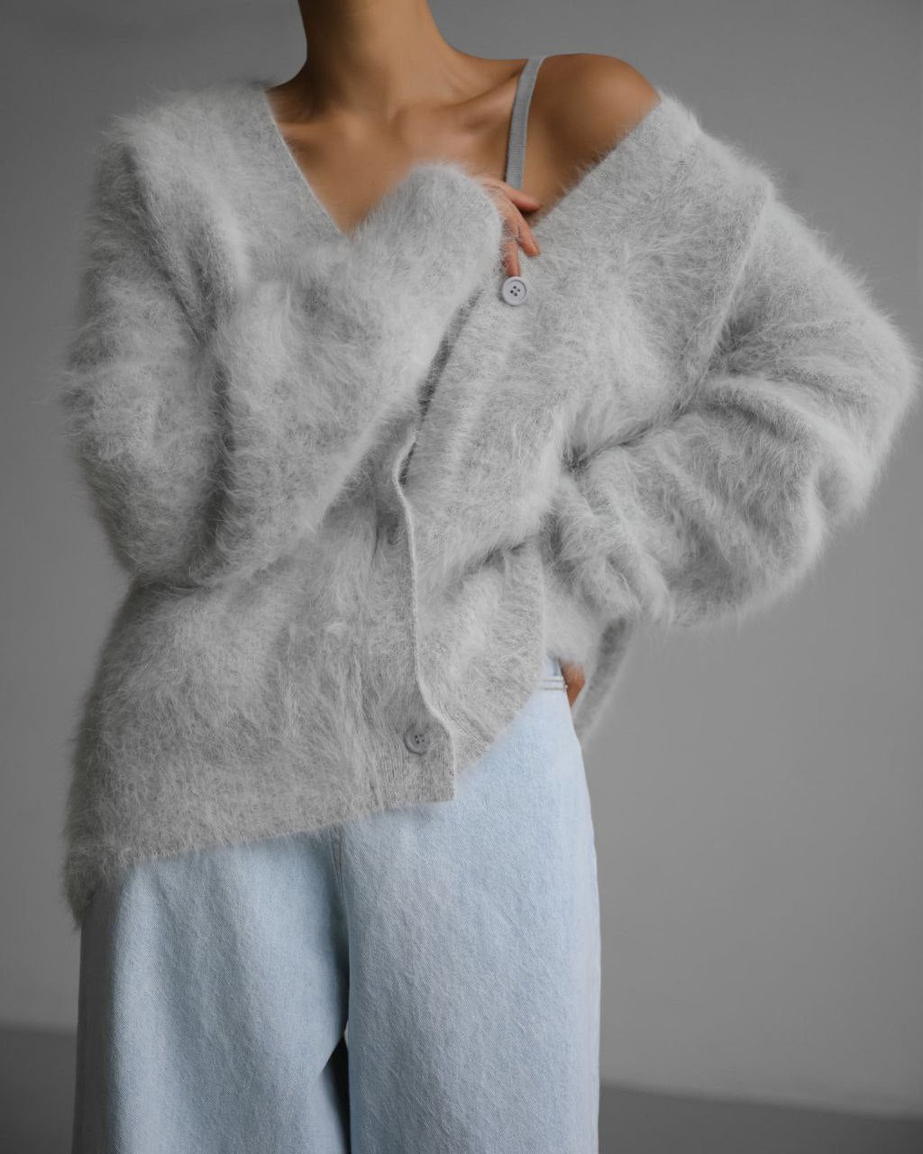 Cardigan Femme Oversize Décontracté En Mélange Mohair Doux Et Pelucheux Avec Fermeture À Boutons