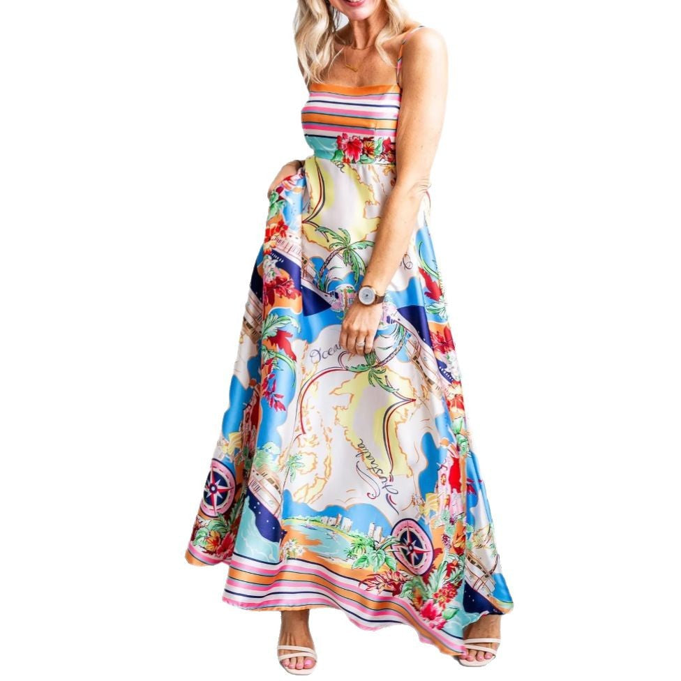 Robe Maxi Femme Coupe A Line Fluide Imprimée Colorée Effet Soie Pour Été Chic Et Confortable