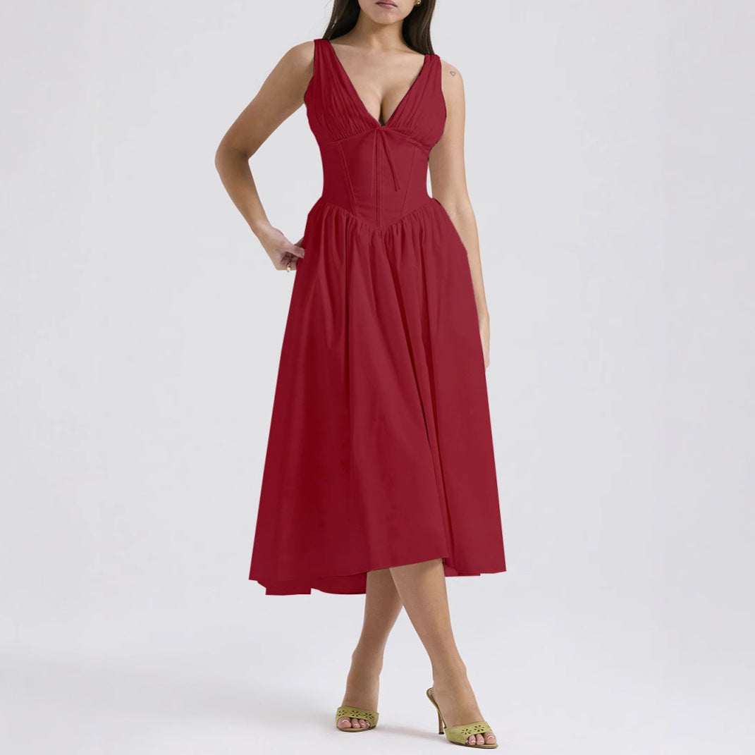 Amawinc Robe Femme Aline Sans Manches Décolleté En V Imprimé Floral Longueur Midi Chic Et Confortable Été