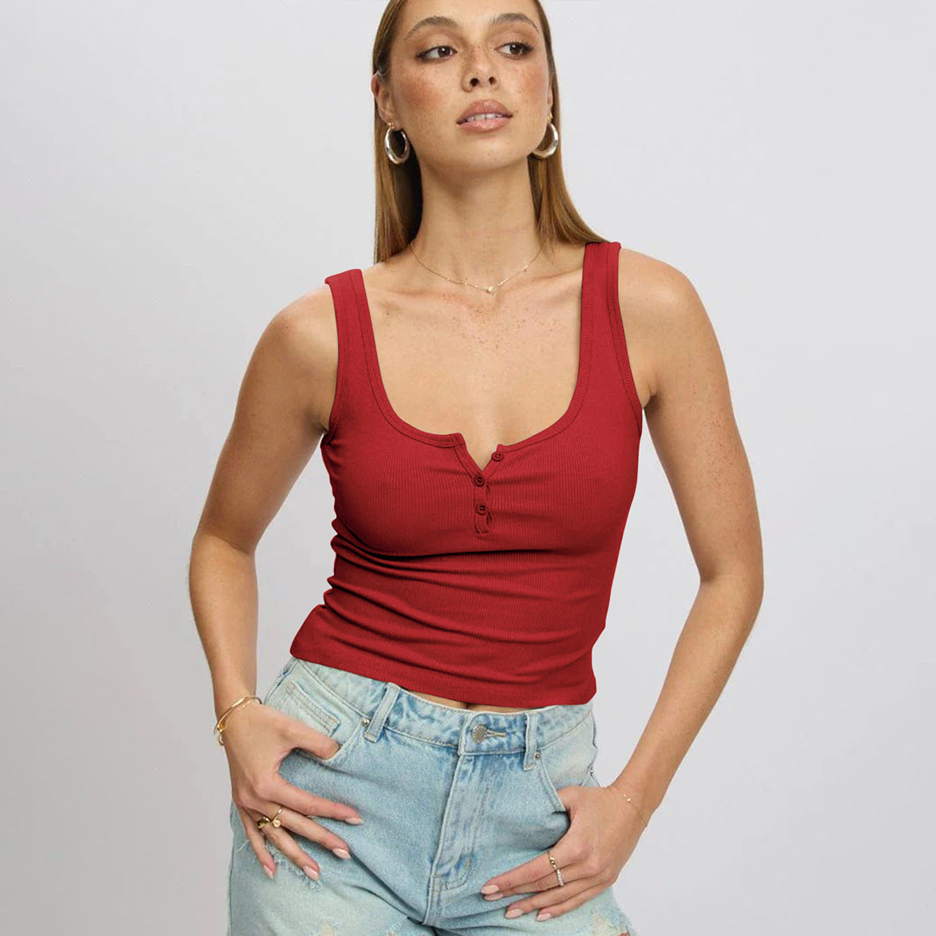 Damen körperbetontes Ripp-Top mit Knopfleiste und weitem Ausschnitt Amawinc