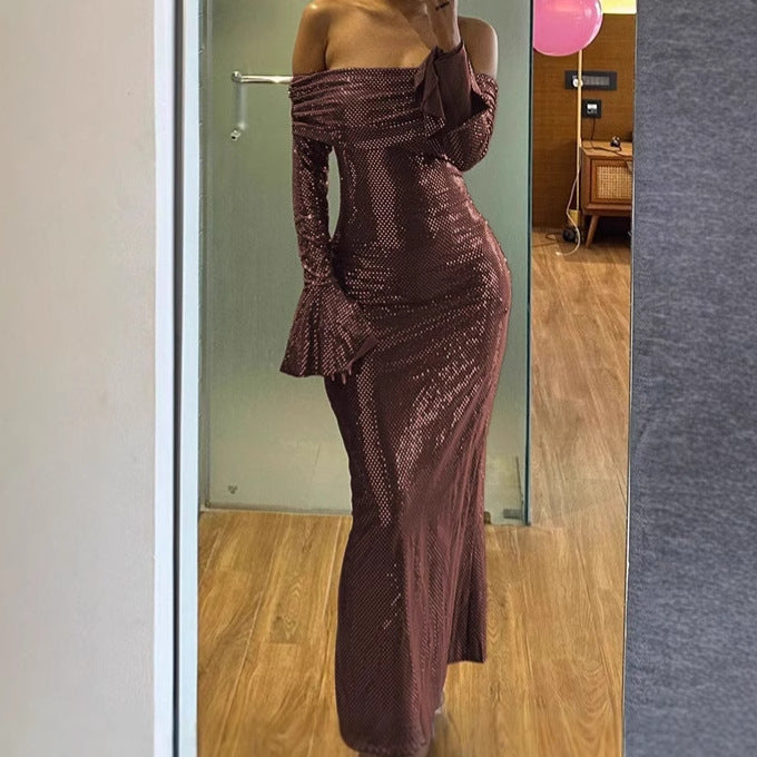 Damen Elegantes Abendkleid mit schulterfreiem Design und ausgestellten Ärmeln Amawinc