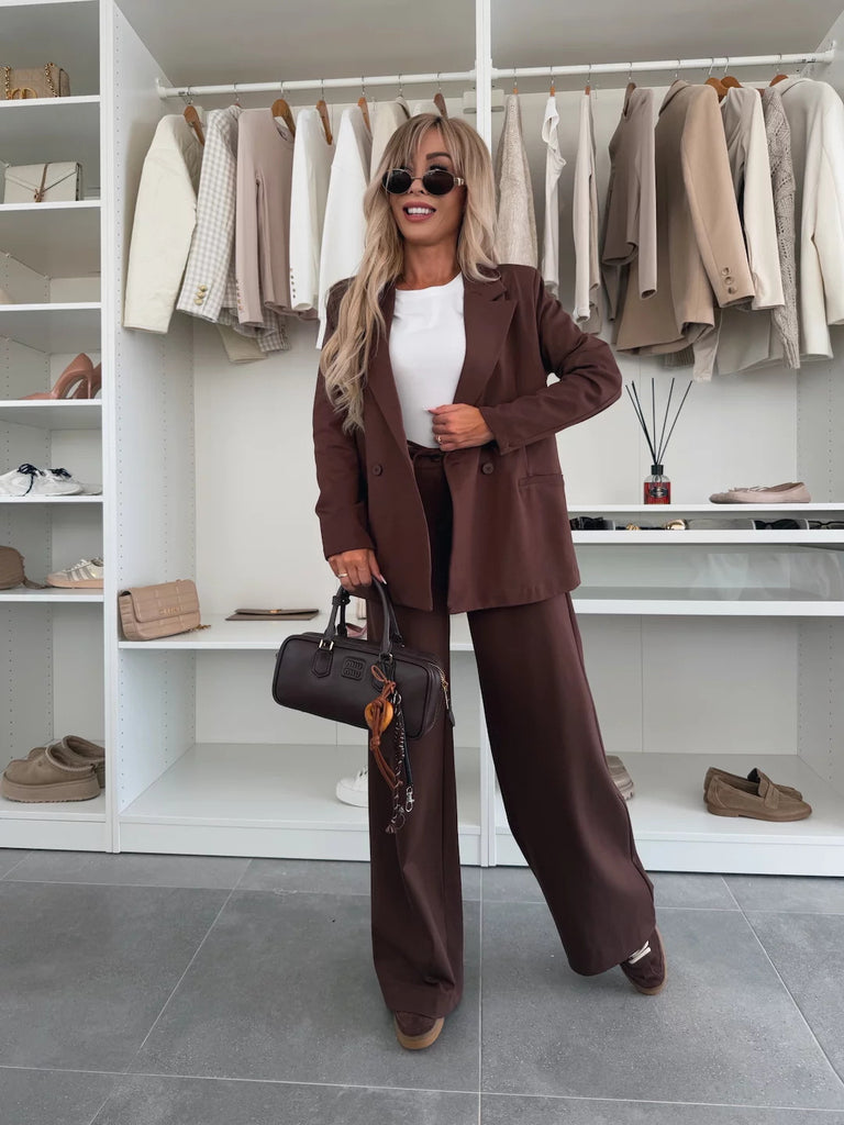 Ensemble Blazer Deux Pièces Femme Oversize À Double Boutonnage Avec Pantalon Taille Haute À Jambes Évasées