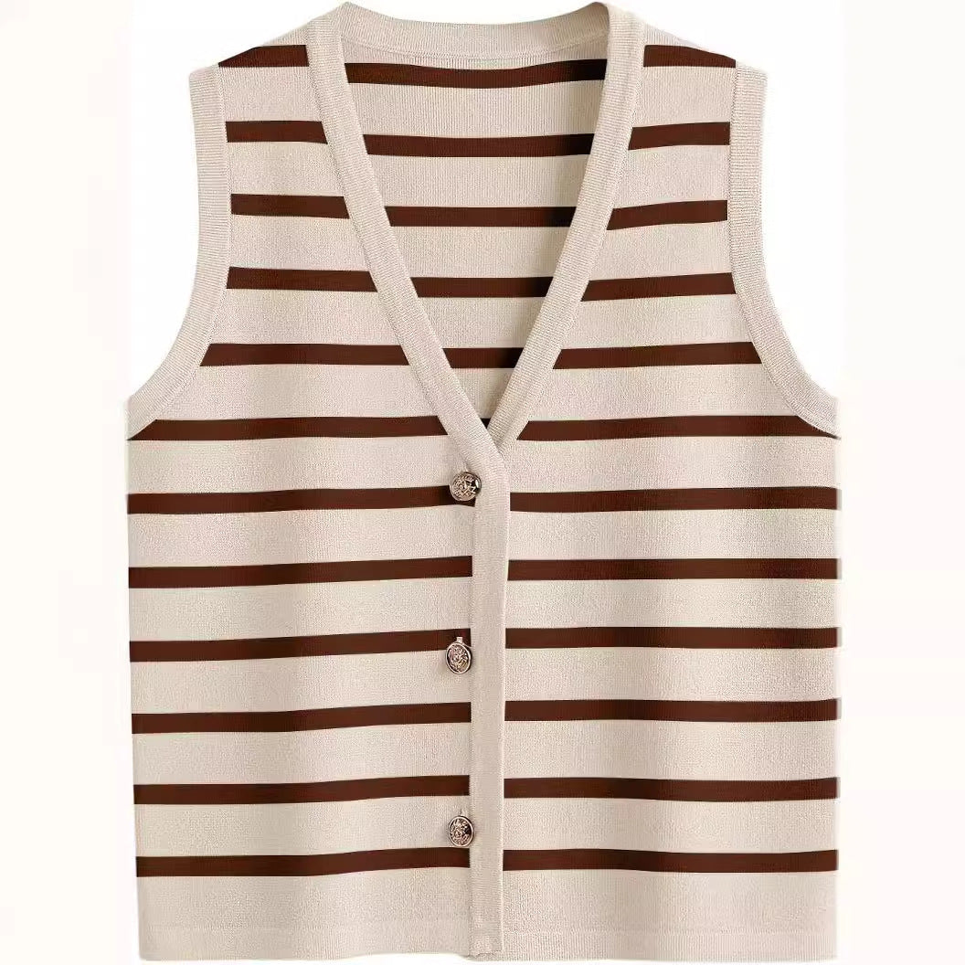 Damen ärmellose Strickweste mit V-Ausschnitt und dekorativen Knöpfen Amawinc