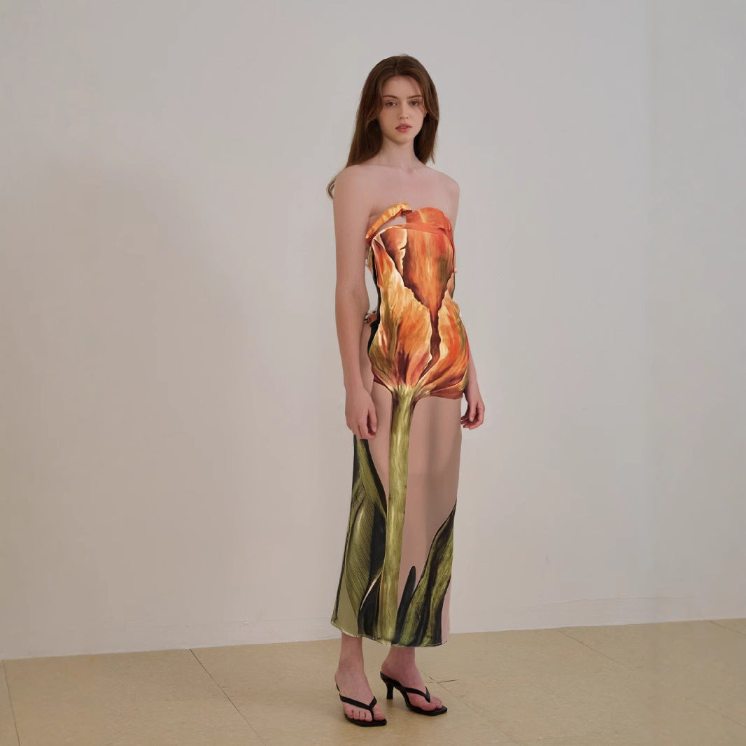 Robe Midi Sans Bretelles Légère Et Fluide Avec Motif Abstract Moderne Polyvalente Pour Été Soleil Et Nuits Festives