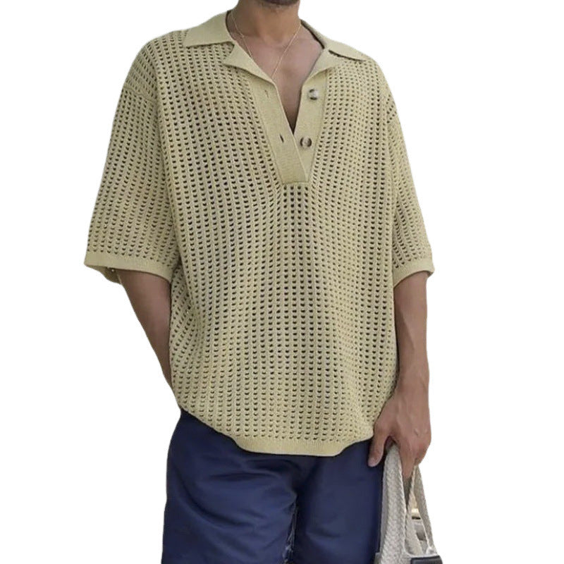 Pull Oversize Homme En Maille Coton Col Notch Respirant Idéal Pour Plage Ou Sorties Décontractées Manches Courtes