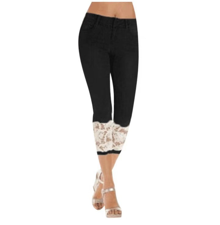 Damen Jeanshose mit Spitzenverzierung und figurbetontem Schnitt Amawinc