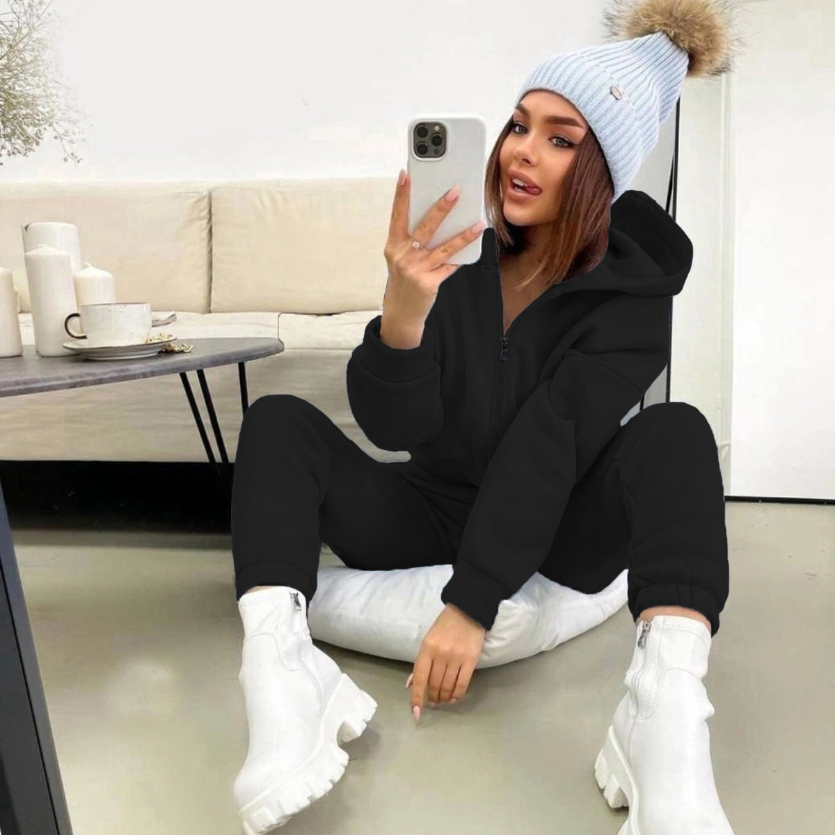 Damen Gemütlicher Kapuzenanzug mit Reißverschluss und elastischen Bündchen Amawinc