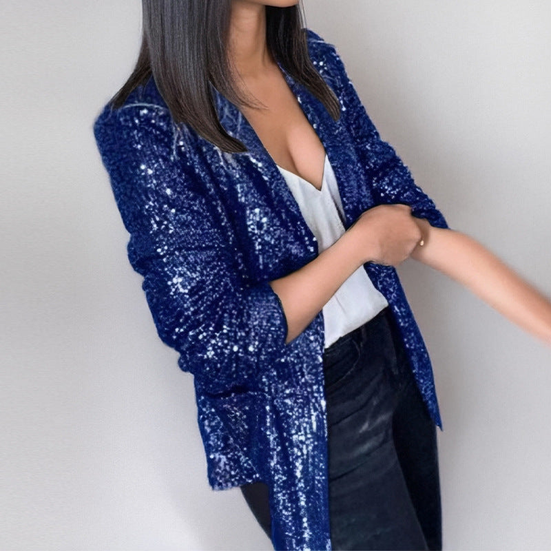 Blazer Femme Revêtu De Sequins À Ouverture Devant Coupe Ajustée Manches Longues Élégant Pour Soirées Festives