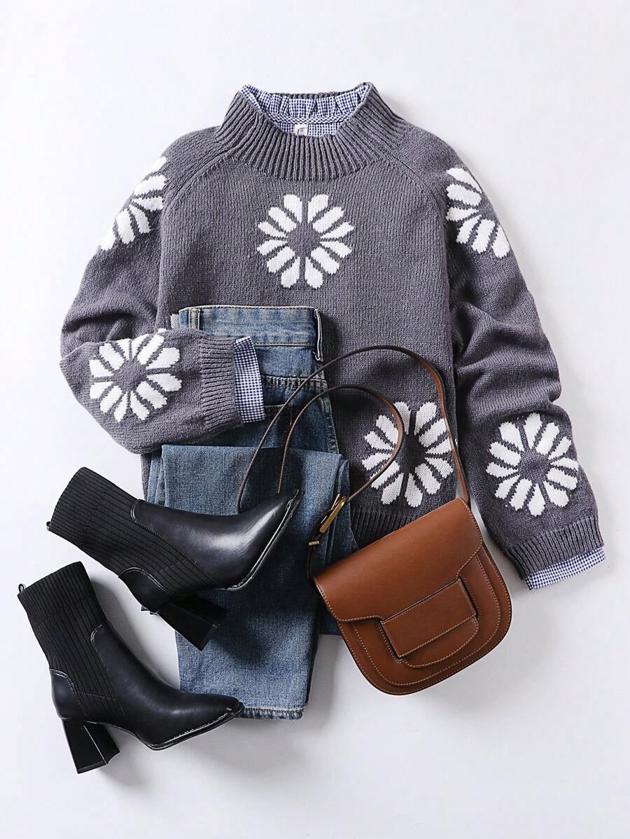 Damen Strickpullover mit floralem Motiv und modernem Rundhalsausschnitt Amawinc