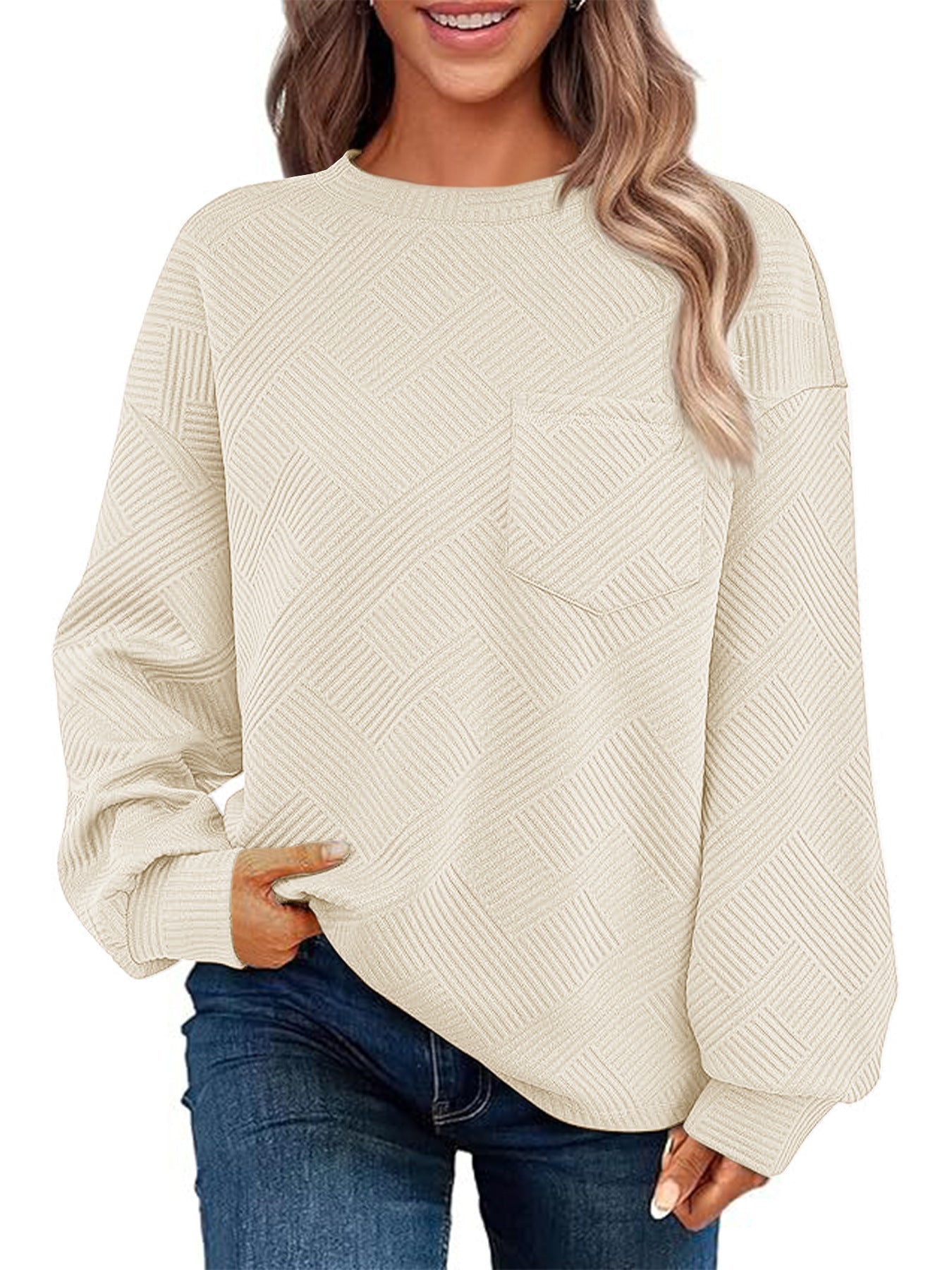 Damen Lässiger Pullover mit strukturiertem Muster und praktischen Taschen Amawinc
