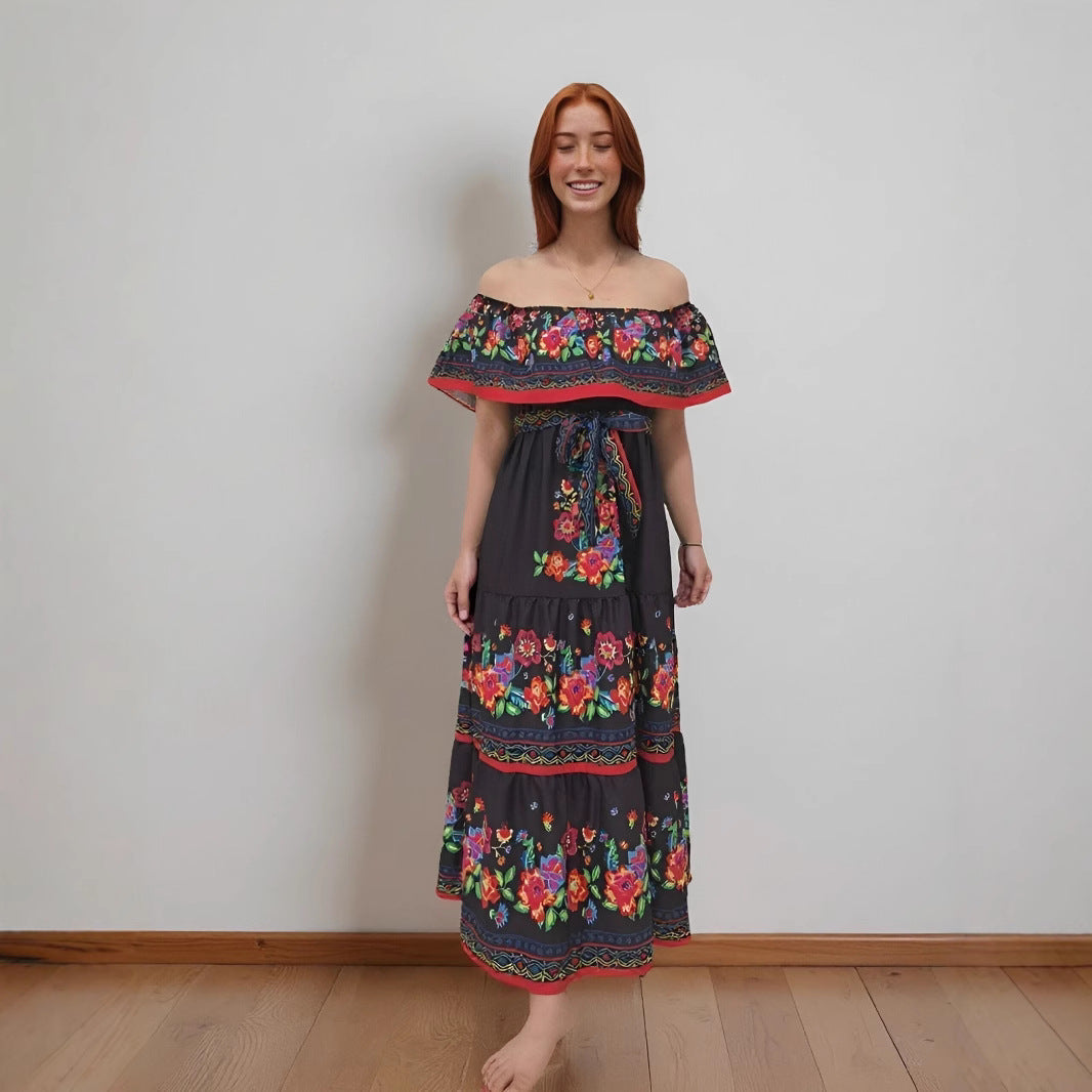 Robe Maxi Femme Épaules Dénudées Motif Floral Froncé Buste Jupe À Étages Élégante Été Amawinc