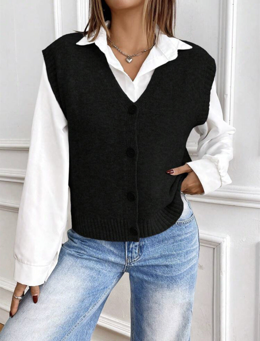 Damen Strickweste mit V-Ausschnitt und modischen Knöpfen Amawinc