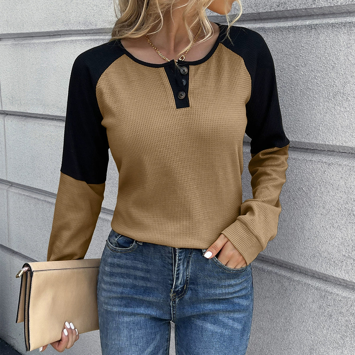 Nordisk-Flair Tee Shirt Femme À Manches Longues En Maille Gaufre Coupe Décontractée Col Boutonné Raglan