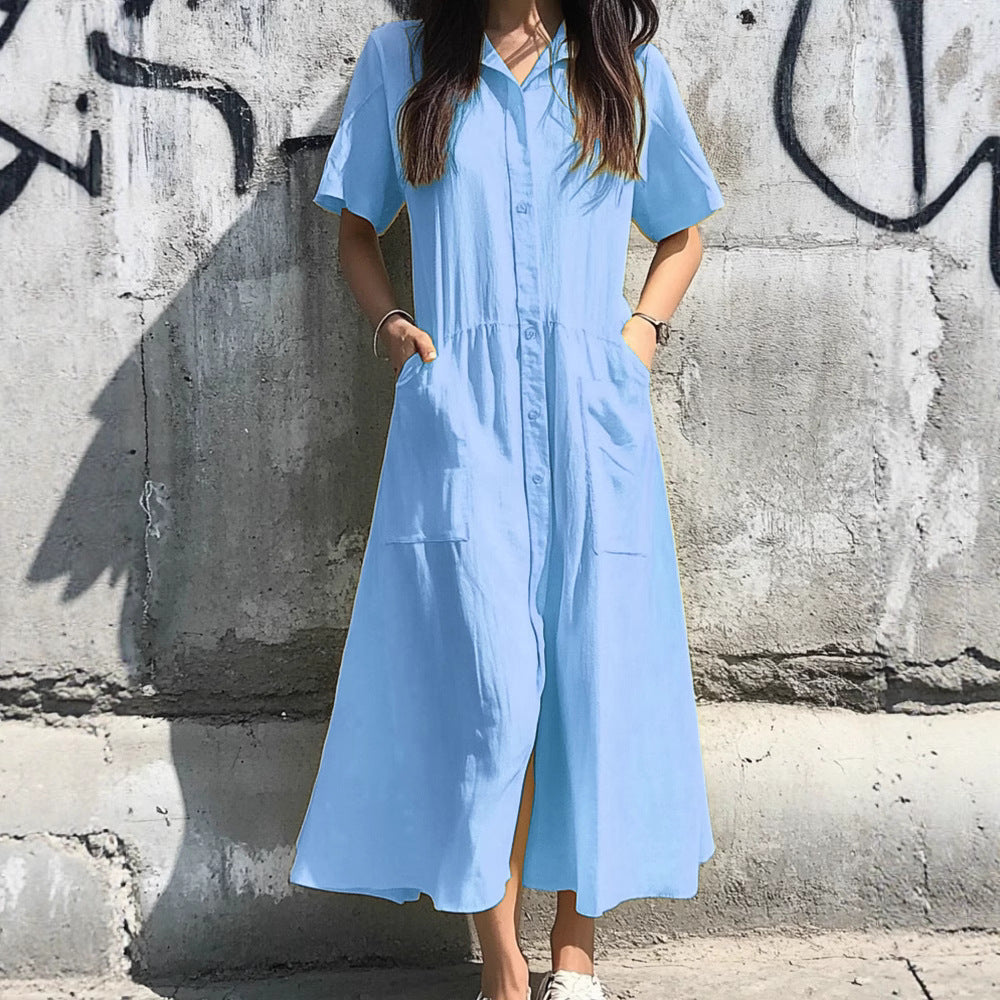 Robe Chemise Femme Décontractée Avec Boutonnage Frontal En Mélange Coton Longueur Midi Amawinc