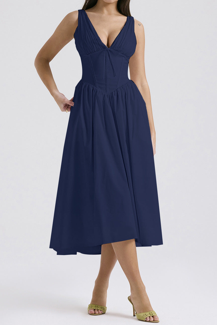 Amawinc Robe Femme Aline Sans Manches Décolleté En V Imprimé Floral Longueur Midi Chic Et Confortable Été