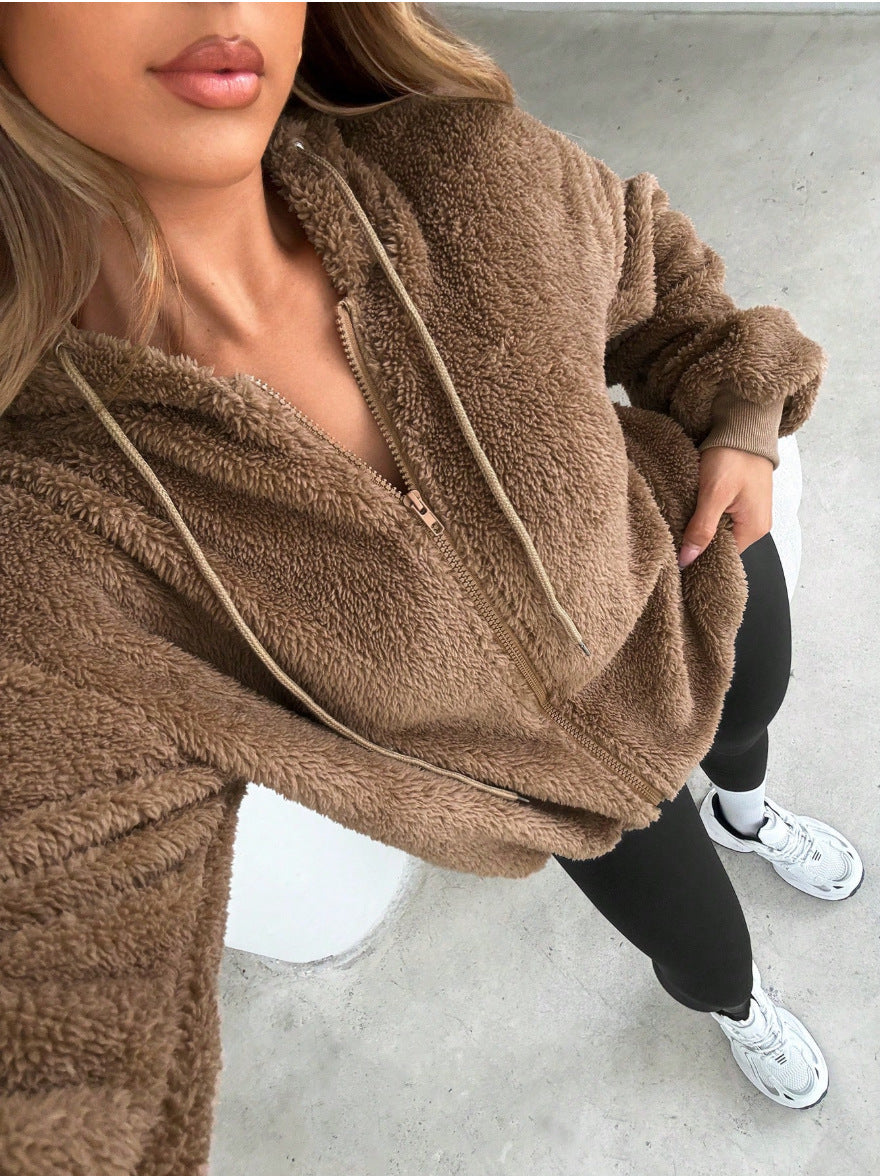 Damen Kuschelige Fleece-Jacke mit Känguru-Tasche und Kapuze Amawinc