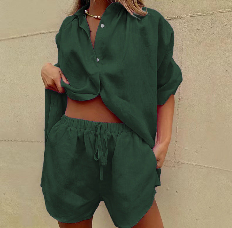 Damen lässiges Leinen-Pyjama-Set mit komfortablem Schnitt Amawinc