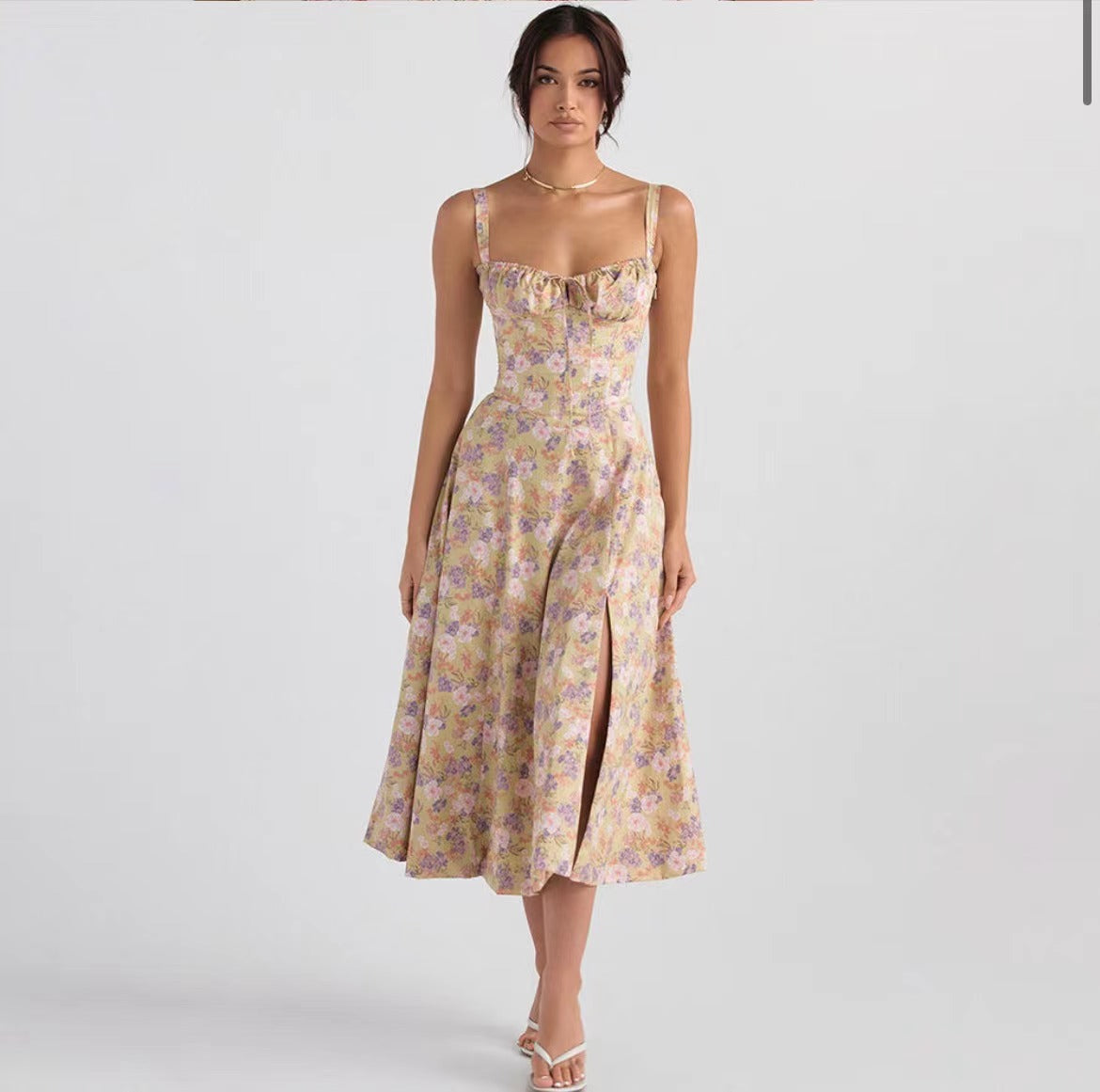 Robe Midi Sans Manches Effet Wrap Avec Fente Élevée Imprimé Floral Léger Pour L'Été Confortable
