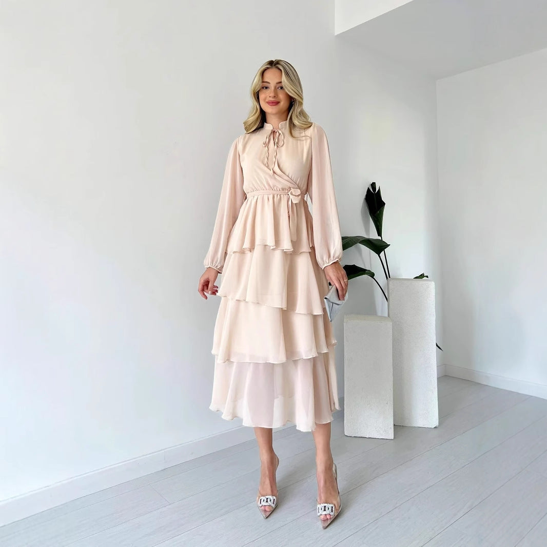Robe En Chiffon À Ligne A Midi À Manches Longues Avec Col Montant Noué Élégante Pour Mariages Et Soirées Décontractées