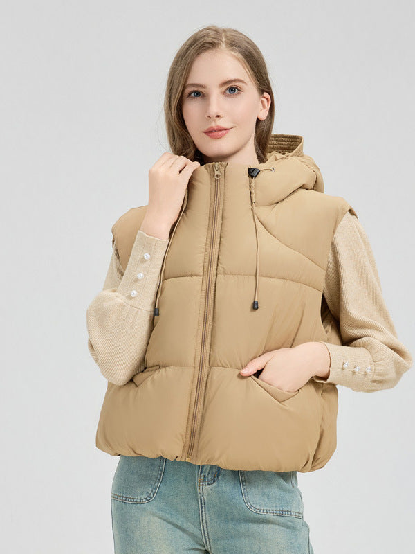 Damen gesteppte Weste mit abnehmbarer Kapuze und seitlichen Eingrifftaschen Amawinc