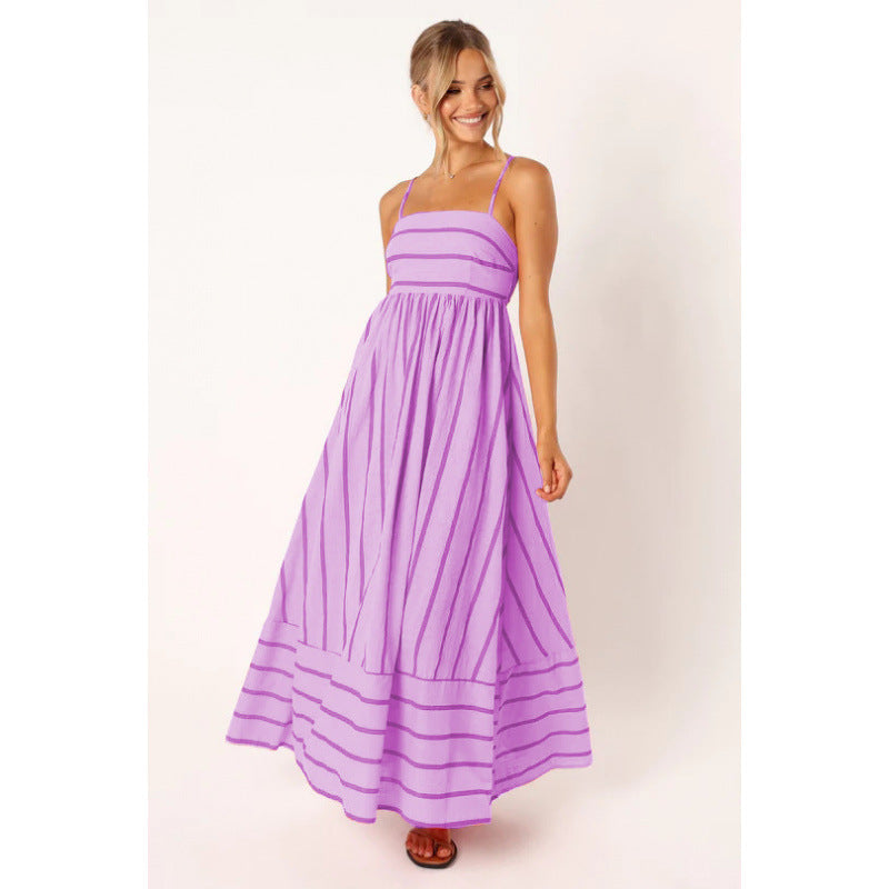 Damen Maxikleid mit feinen Streifen und elastischem Taillenbund Amawinc