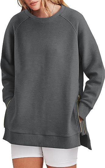 Damen lässiger Sweatshirt mit Seitentaschen und Reißverschluss Amawinc