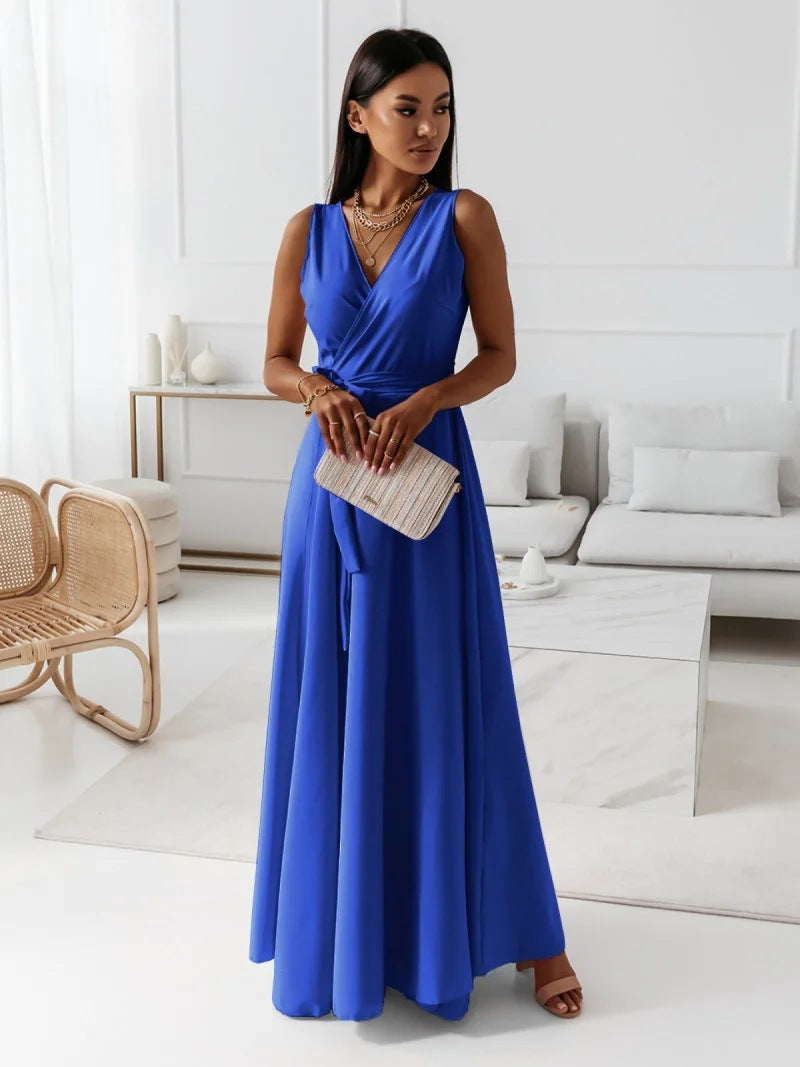 Robe Maxi Sans Manches Col En V Profond Avec Ceinture Wrap Élégante Et Fluide Pour Mariages Et Fêtes