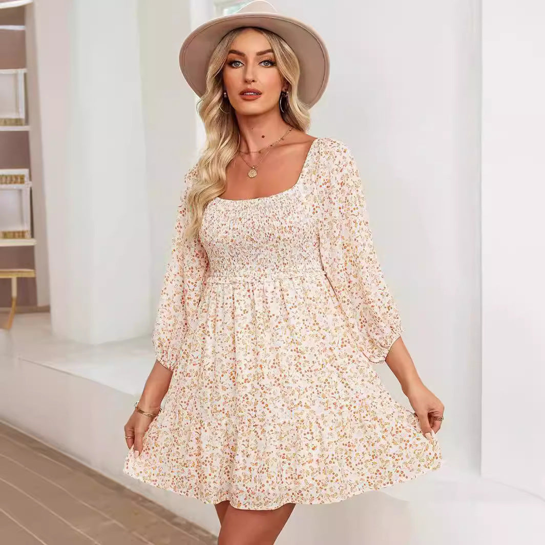 Robe Aline Pour Femme En Coton Léger Corsage Smocké Col En U Manches Bouffantes Élégante