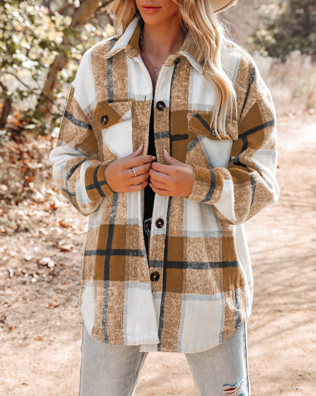 Damen Karierte Flanelljacke mit Brusttaschen Amawinc