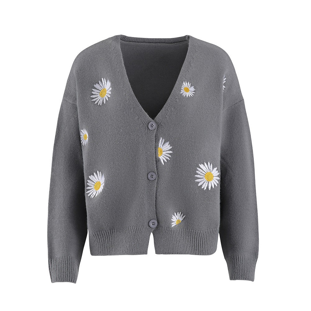 Damen Strickjacke mit Blumenstickerei und V-Ausschnitt Amawinc