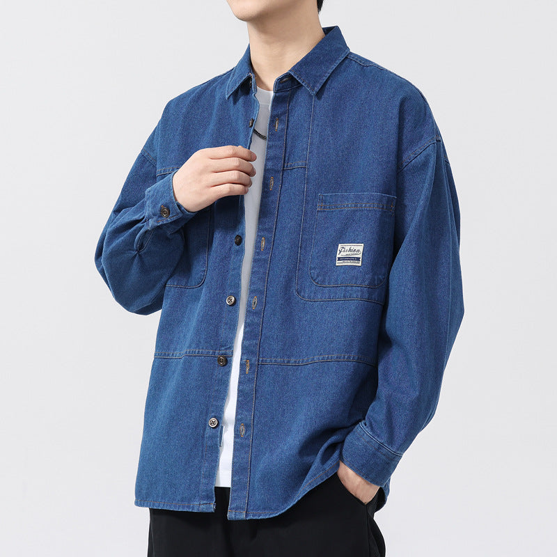 Chemise Denim Larson Oversize Pour Homme Poches Plaquées Poitrine Couture Décontractée Confort Quotidien