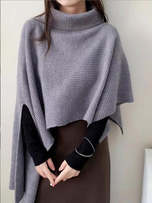 Damen Strickponcho mit hohem Kragen und asymmetrischem Schnitt Amawinc