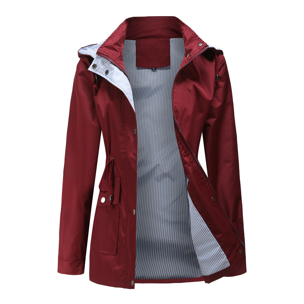 Damen Wetterfeste Regenjacke mit verstellbarem Kapuzenkragen und Taillenzug Amawinc