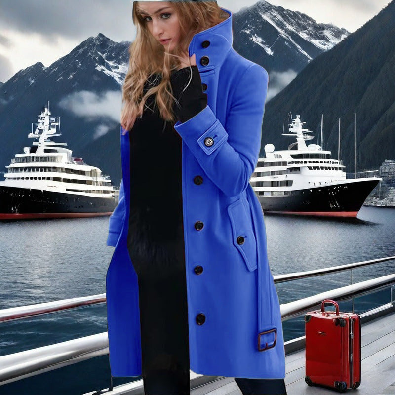 Damen eleganter Trenchcoat mit hohem Kragen und doppelter Knopfleiste Amawinc